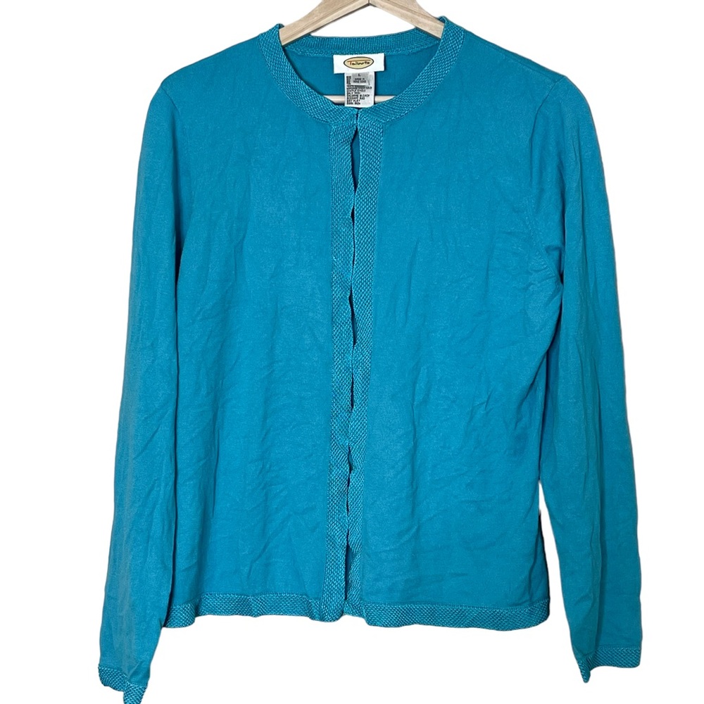 Talbots VTG Long Sleeve Lightweight Cardigan Size L Textured Knit Trim Blue
